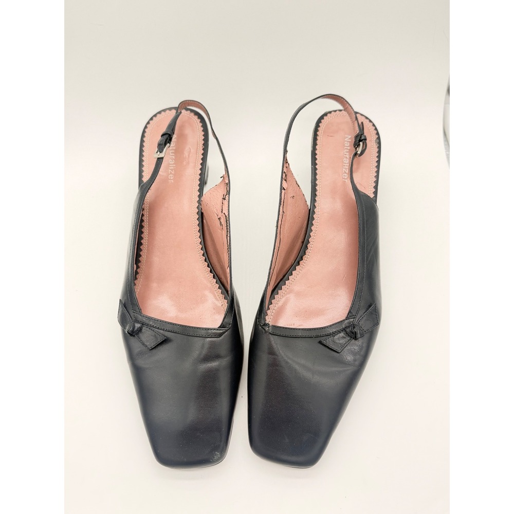 Naturalizer Vintage Black Leather Slingback Square Toe Bow Block Heels Pumps 11W
